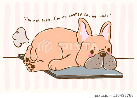 Cute french bulldog work from home sploot on laptop burnout cartoon hand drawn 136455769
