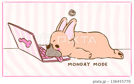 Cute french bulldog work from home sploot on Laptop burnout lazy cartoon hand drawn 136455770