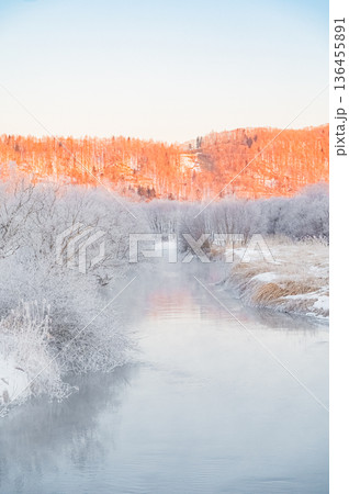 北海道鶴居村 冬の早朝 音羽橋と気嵐の幻想的な風景 136455891