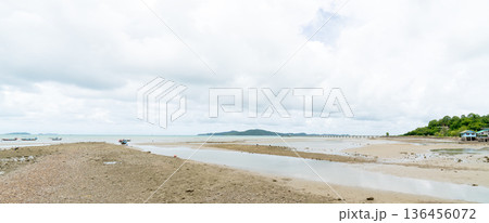 Panoramic view of a tropical coastline at low tide with a long pier, small fishing boats, and coastal village under a cloudy sky. Wide sandy beach landscape in Southeast Asia during daytime. Panoramic view of a tropical coastline at low tide with a long pier, small fishing boats, and coastal village under a cloudy sky. Wide sandy beach landscape in Southeast Asia during daytime. 136456072