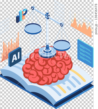 Isometric Brain with Justice Scales on an Open Book 136456478