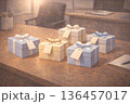 机に置かれた複数のギフト 136457017