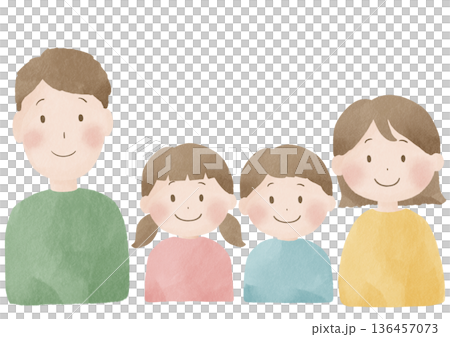 笑顔の家族横並びポートレート上半身|父親,母親,男の子,女の子 笑顔の家族横並びポートレート上半身|父親,母親,男の子,女の子 136457073