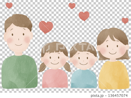 笑顔の家族横並びポートレート上半身|父親,母親,男の子,女の子 笑顔の家族横並びポートレート上半身|父親,母親,男の子,女の子 136457074
