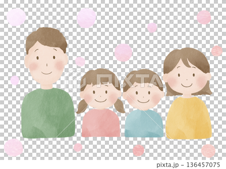 笑顔の家族横並びポートレート上半身｜父親,母親,男の子,女の子 136457075