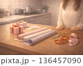 自宅キッチンでラッピング用品を並べる 136457090
