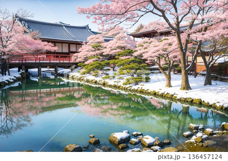 雪の降る庭園と満開の桜 136457124