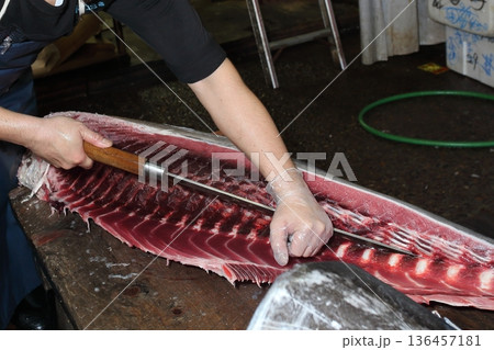 鮪 まぐろ 切り身 捌く 刺身 魚 鮪 まぐろ 切り身 捌く 刺身 魚 136457181