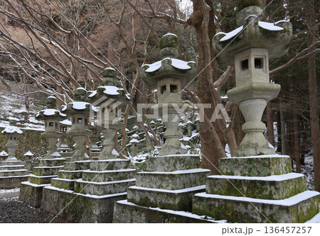 四国遍路の番外霊場。四国別格二十霊場第十五番札所「箸蔵寺」本殿に向かう参道脇に並んだ石灯籠 四国遍路の番外霊場。四国別格二十霊場第十五番札所「箸蔵寺」本殿に向かう参道脇に並んだ石灯籠 136457257