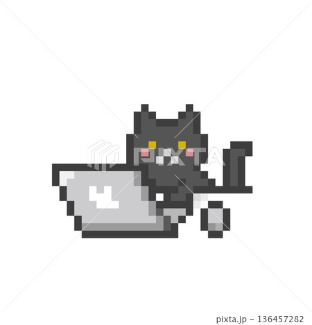 ドット絵のパソコンで作業する猫 ドット絵のパソコンで作業する猫 136457282