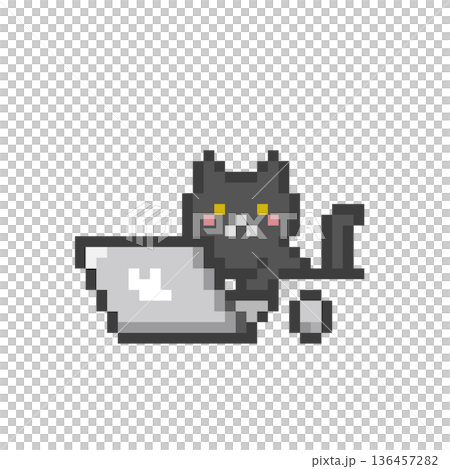 ドット絵のパソコンで作業する猫 ドット絵のパソコンで作業する猫 136457282