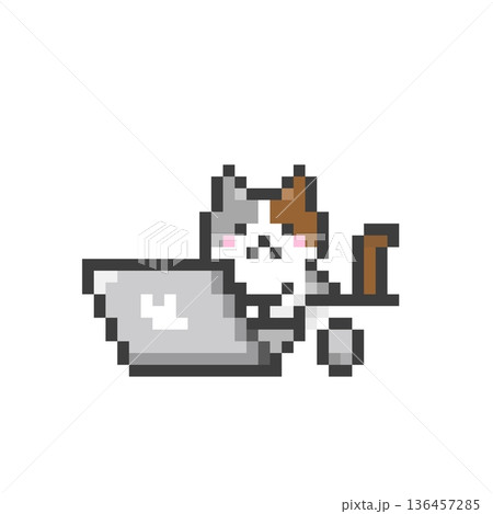 ドット絵のパソコンで作業する猫 ドット絵のパソコンで作業する猫 136457285