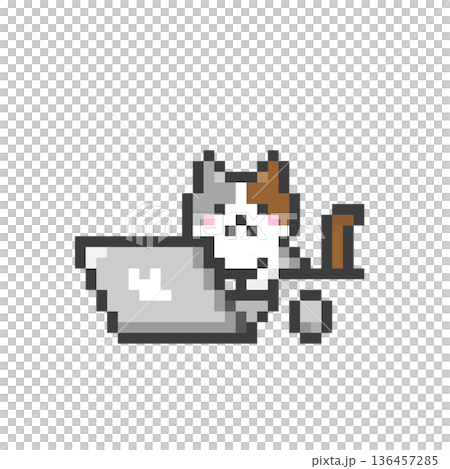 ドット絵のパソコンで作業する猫 ドット絵のパソコンで作業する猫 136457285