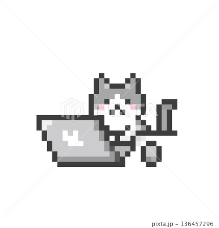 ドット絵のパソコンで作業するハチワレ猫 136457296