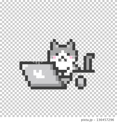 ドット絵のパソコンで作業するハチワレ猫 136457296