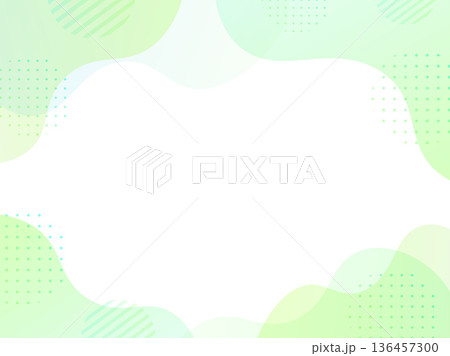 半透明くすみグリーンの流体シェイプとドット円を四隅に配したナチュラルフレーム背景（4対3・透過） 136457300