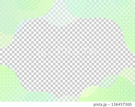半透明くすみグリーンの流体シェイプとドット円を四隅に配したナチュラルフレーム背景（4対3・透過） 136457300