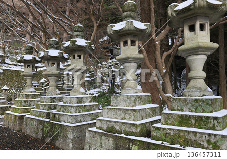 四国遍路の番外霊場。四国別格二十霊場第十五番札所「箸蔵寺」参道脇に並んだ石灯籠とぼけ封じ観音 136457311