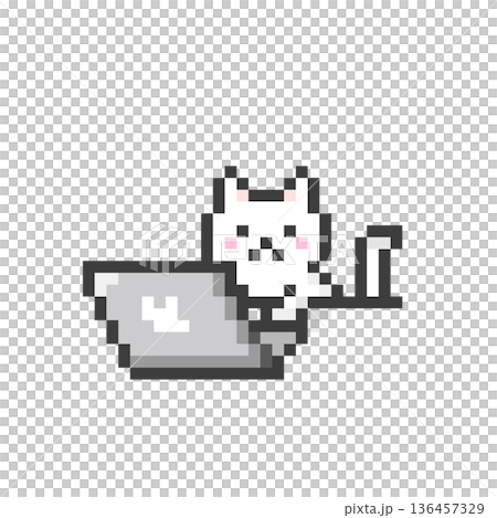 A white cat working on a pixelated computer 136457329