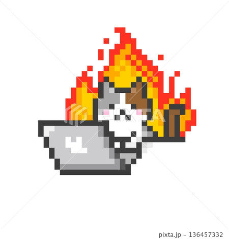 ドット絵のやる気に燃えるパソコンで作業する三毛猫 136457332