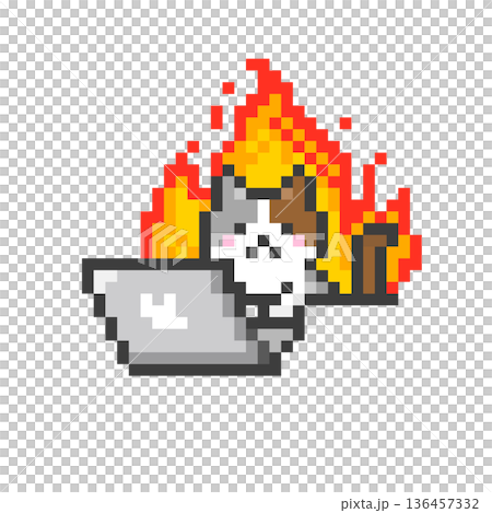 ドット絵のやる気に燃えるパソコンで作業する三毛猫 136457332