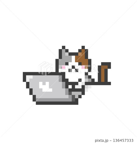 ドット絵のパソコンで作業する三毛猫 136457333