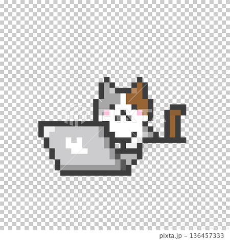 ドット絵のパソコンで作業する三毛猫 136457333
