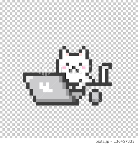 A white cat working on a pixelated computer 136457335