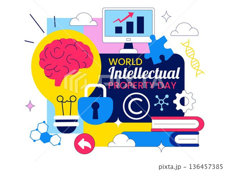 World Intellectual Property Day Vector Illustration on April 26 Featuring Brain and Light Bulb for Innovation, Ideas, and Creativity Background 136457385