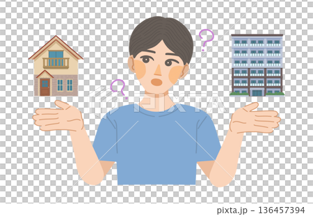 Illustration of a man comparing the difference between a detached house and an apartment building 136457394
