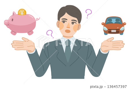 スーツ姿の男性が、車にかかる費用を考えているイラスト スーツ姿の男性が、車にかかる費用を考えているイラスト 136457397
