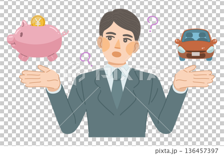 スーツ姿の男性が、車にかかる費用を考えているイラスト スーツ姿の男性が、車にかかる費用を考えているイラスト 136457397