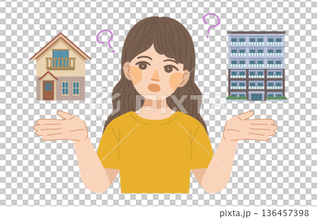 Illustration of a woman comparing the differences between a detached house and an apartment building 136457398
