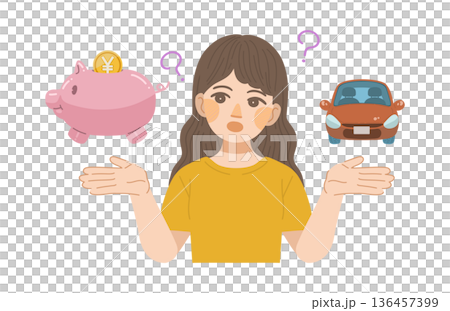 Illustration of a woman thinking about car expenses 136457399