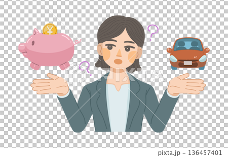 圖解：一位身穿西裝的女士正在思考汽車的價格 136457401