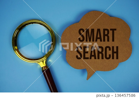 Smart Search text on speech bubble with magnifying glass on blue background 136457586