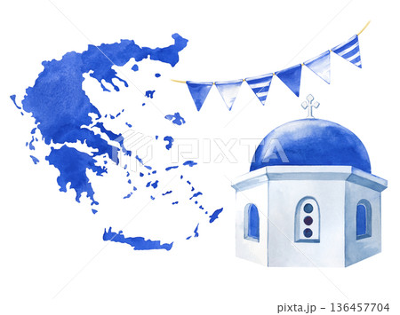 A set of elements of Greek culture. An image of the silhouette of the country, the dome of the temple and flags on a rope in blue tones. Watercolor illustration on an isolated background. Realistic 136457704