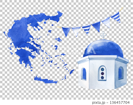 A set of elements of Greek culture. An image of the silhouette of the country, the dome of the temple and flags on a rope in blue tones. Watercolor illustration on an isolated background. Realistic 136457704