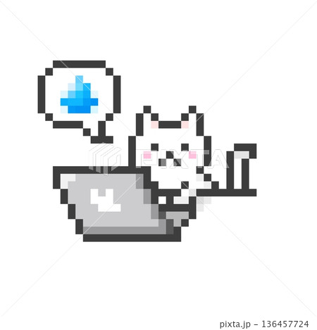 ドット絵のパソコンで作業するあせる白猫 136457724