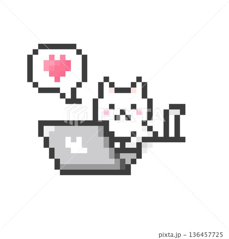 ドット絵のパソコンで作業する恋する白猫 136457725