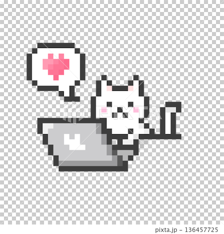 ドット絵のパソコンで作業する恋する白猫 136457725
