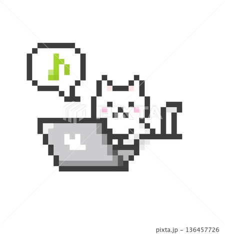 ドット絵のパソコンで作業するごきげんな白猫 136457726