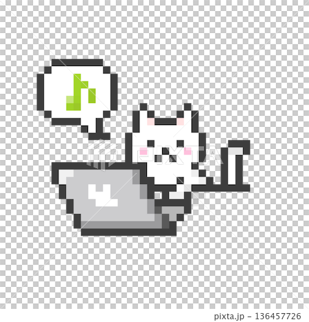 ドット絵のパソコンで作業するごきげんな白猫 136457726