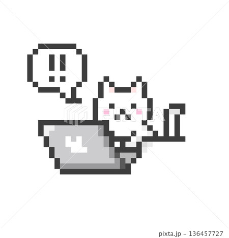 ドット絵のパソコンで作業するビックリマークな白猫 ドット絵のパソコンで作業するビックリマークな白猫 136457727