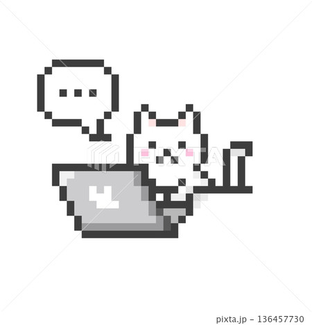 ドット絵のパソコンの前で無言になる白猫 ドット絵のパソコンの前で無言になる白猫 136457730