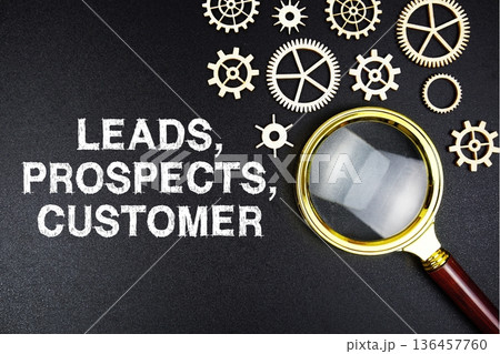 Leads, Prospects, Customer text message with magnifying glass on black background 136457760