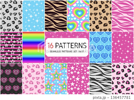 シームレスパターン16種類セット 2000年代レトロY2Kのゼブラ ハート 星のポップな背景素材 136457781