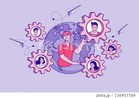 Global customer support and remote team network concept with an agent using a headset. Creative vector illustration of international business collaboration, call center, and outsourcing services. Global customer support and remote team network concept with an agent using a headset. Creative vector illustration of international business collaboration, call center, and outsourcing services. 136457784