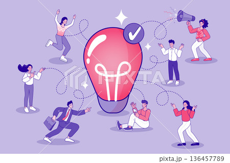 Creative business idea success and innovation concept with a diverse team collaborating. Vector illustration of professional teamwork, brainstorming, and validated project solution icons. Creative business idea success and innovation concept with a diverse team collaborating. Vector illustration of professional teamwork, brainstorming, and validated project solution icons. 136457789