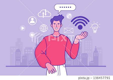 Wireless internet connection and smart city concept with a man presenting a network symbol. Creative vector illustration of digital technology, global connectivity, and modern lifestyle icons. 136457791